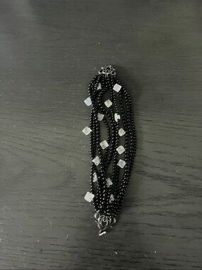 Saks Fifth Avenue Black Multi-Strand Beaded Bracelet with Silver Accents